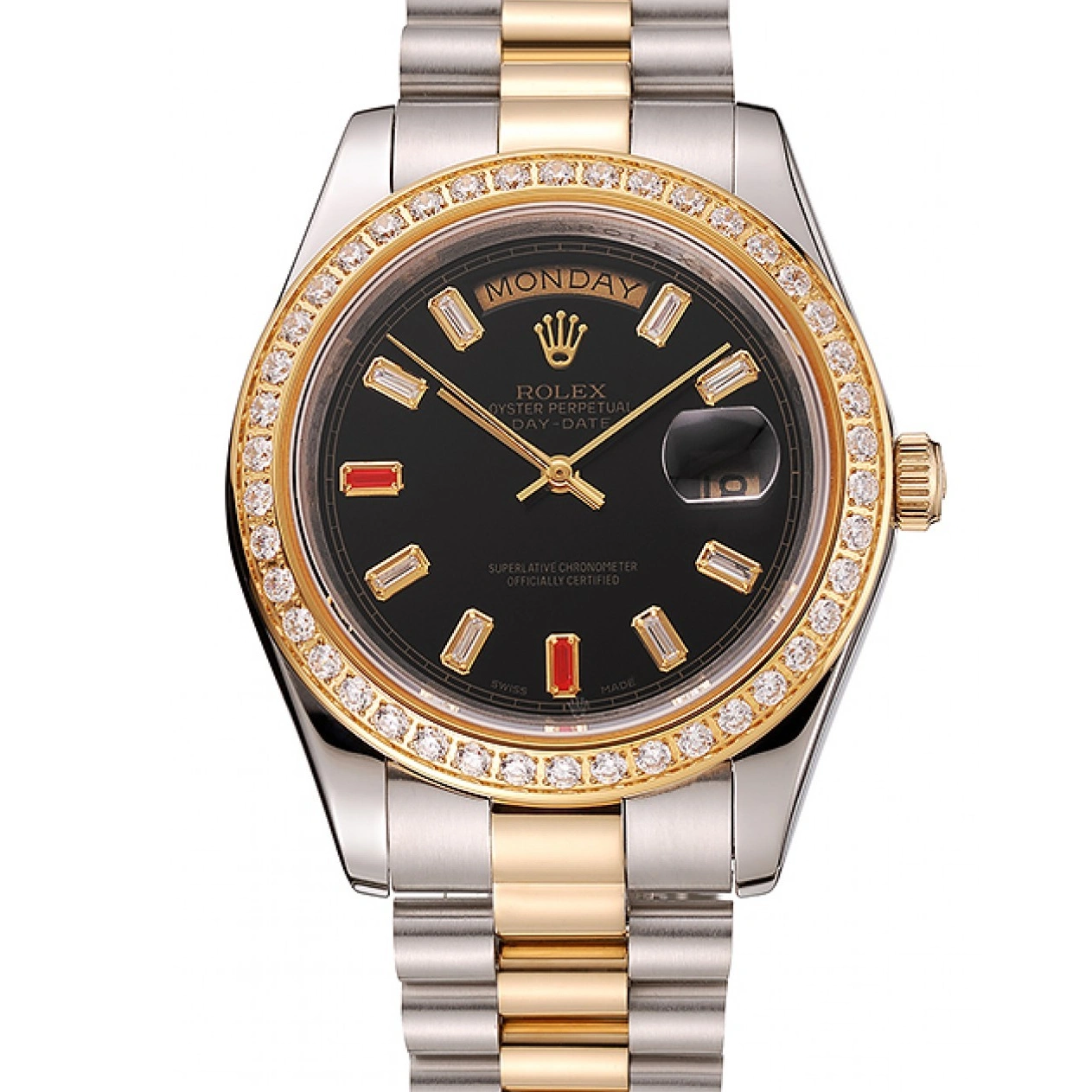 Rolex Two Black Bracelet Swiss Rubies Diamonds Day-Date Tone And Dial 1454105 1015